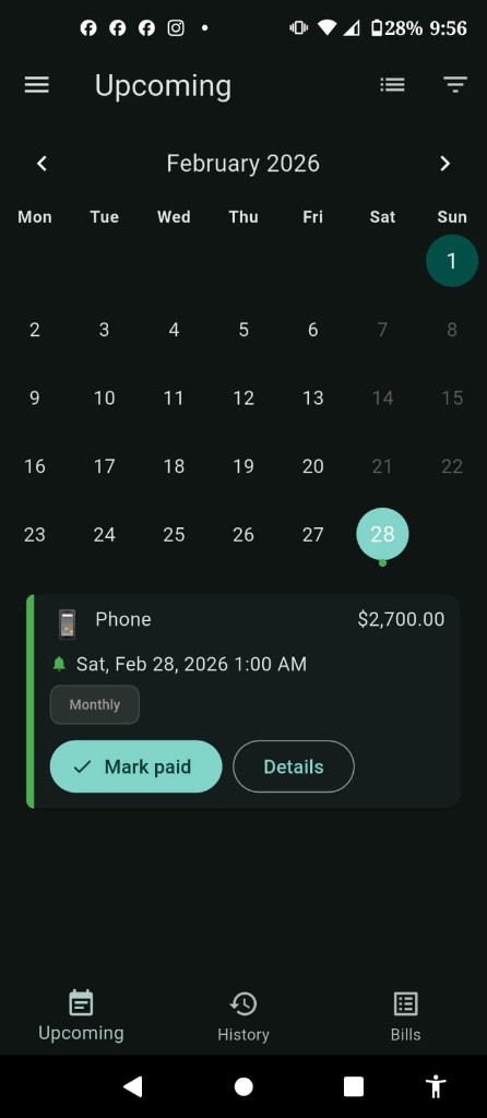 Billmio app - Upcoming bills calendar view